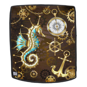 Mochila Fondo de madera con caballito de mar mecánico