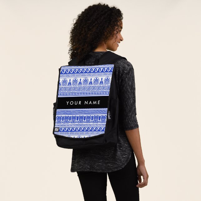 Mochila Fret griego, llave de meandro mixta, azul, tu nomb (Puesto)