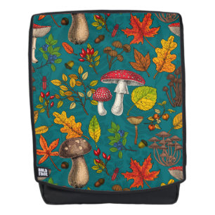 Mochila Hongos, hojas, nueces y bayas otoñales en azul