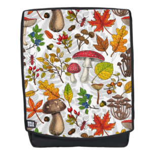 Mochila Hongos, hojas, nueces y bayas otoñales en blanco