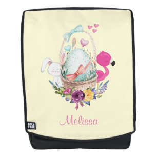 Mochila Huevo lindo, flamenco rosa y conejo, acuarela