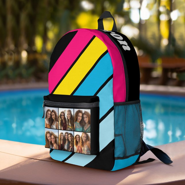 Mochila Impresa 4 Cmyk de patrón de franja retro fotográfico con n (Personalized Backpack with Retro Stripes and 6 Photos - Add Custom Name)