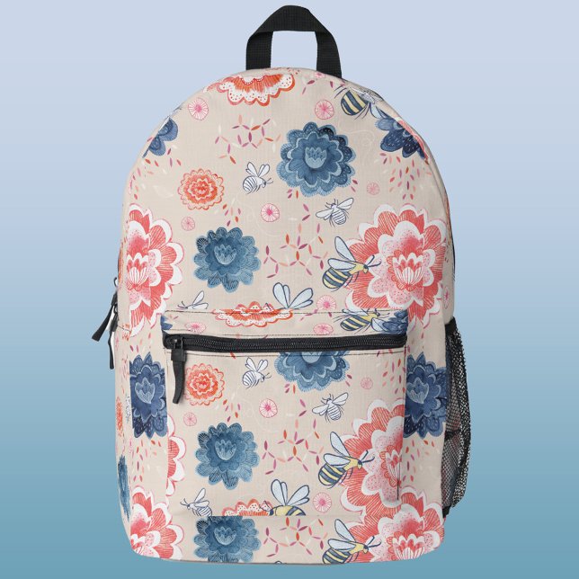 Mochila Impresa Acuarela de abejas y flores (Watercolor bees and flowers blush pink peach and indigo navy blue pattern cottagecore backpack)