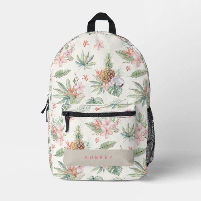 Mochila Impresa Acuarela de coco de piña tropical floral (Anverso)