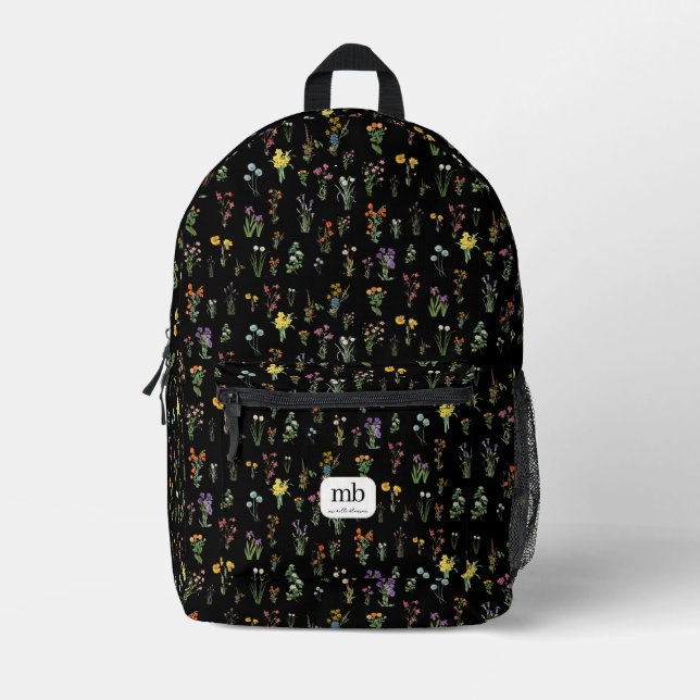 Mochila Impresa Acuarela de Flor silvestre Flora Botánica Negra (Anverso)