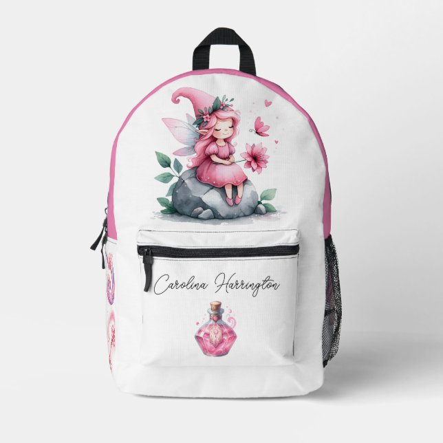 Mochila Impresa Acuarela Flor Rosa Hada Mágica Poción Myshroom (Anverso)
