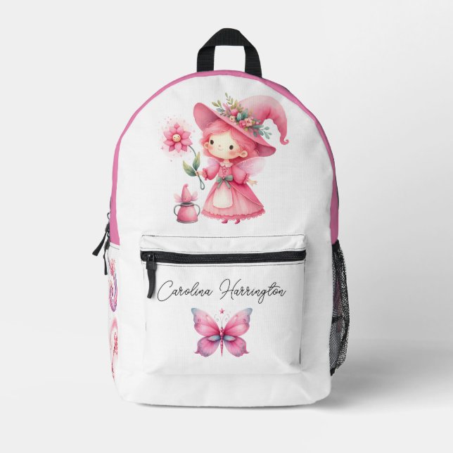 Mochila Impresa Acuarela Flor rosa Hada Poción champiñón (Anverso)