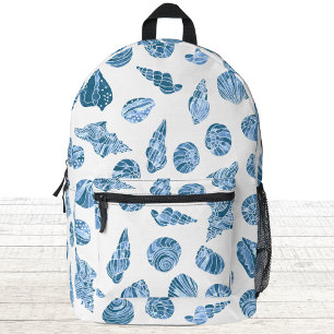 Mochila Impresa Acuarela Náutica de Conchas de Mar Azul y Blanco