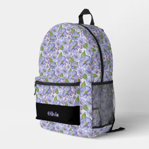 Mochila Impresa Acuarela Violetas Moradas y Patrón Floral 