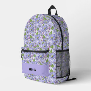 Mochila Impresa Acuarela Violetas Moradas y Patrón Floral