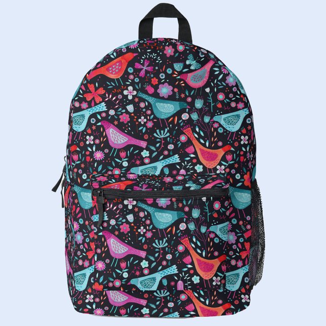 Mochila Impresa Agua de pájaro y flor (Watercolor bird and flower pattern cottagecore dark backpack)