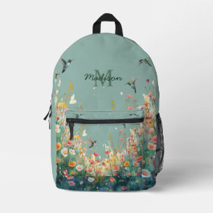 Mochila Impresa Aguamar Floral Monograma Aves Acuarela Primavera