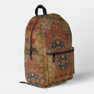 Mochila Impresa Alfombra Persa Asiática de Kashan en Rojo y Dorado