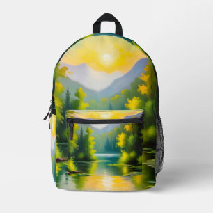 Mochila Impresa Amanecer sobre montañas cubiertas de nieve y lago