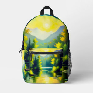 Mochila Impresa Amanecer sobre montañas cubiertas de nieve y lago