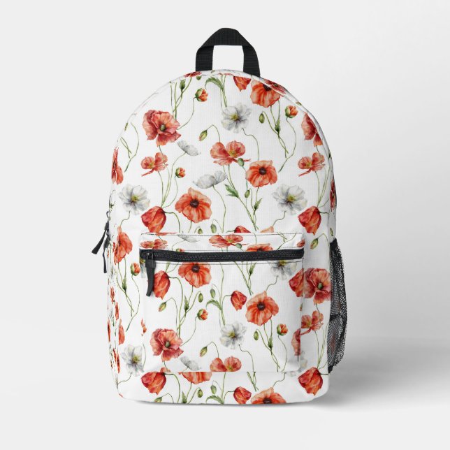 Mochila Impresa Amapolas de pradera y flores silvestres blancas en (Anverso)