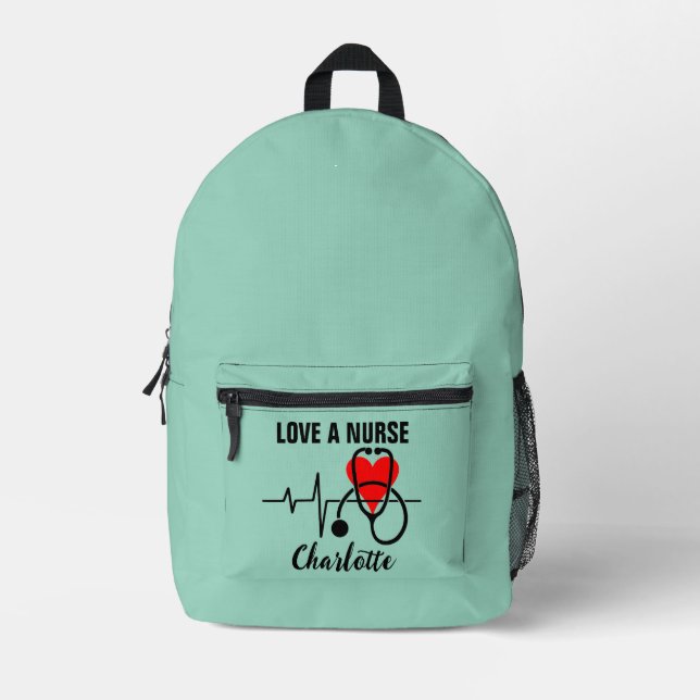 Mochila Impresa Amar un diseño estetoscopio de corazón de enfermer (Anverso)