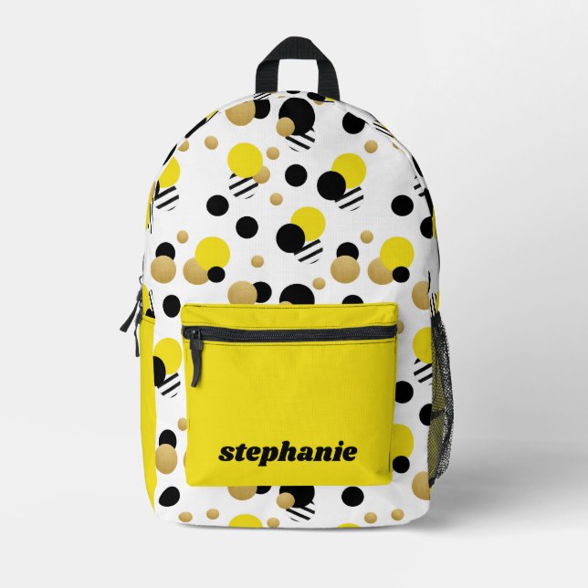 Mochila Impresa Amarillo del punto de polka retro personalizado (Anverso)