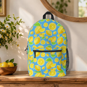Mochila Impresa Amarillo limón alegre y patrón cítrico azul