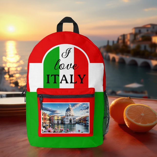 Mochila Impresa Amo la foto de Italia (Backpack featuring a design based on the colors of the Italian flag with your photo on the front)