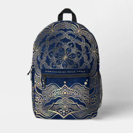 Mochila Impresa Añade tu nombre Elegant Gold & Navy Blue Mandala