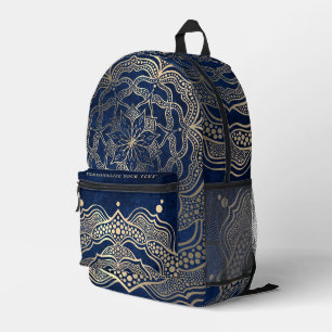 Mochila Impresa Añade tu nombre Elegant Gold & Navy Blue Mandala
