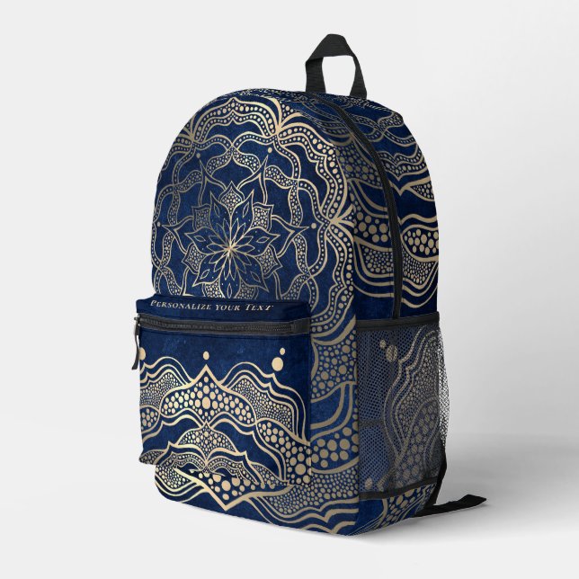 Mochila Impresa Añade tu nombre Elegant Gold & Navy Blue Mandala (Esquina derecha trasera )