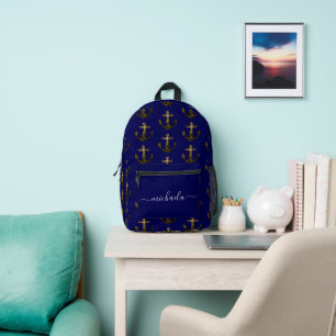 Mochila Impresa Anchor Gold finge chispas azul marino Monograma no