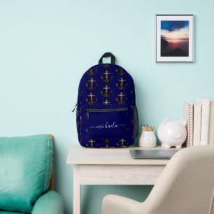 Mochila Impresa Ancla de oro falsas chispas nombre Monograma azul 