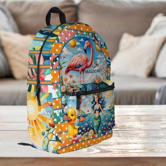 Mochila Impresa Animales coloridos Flores tropicales Sirenillas má