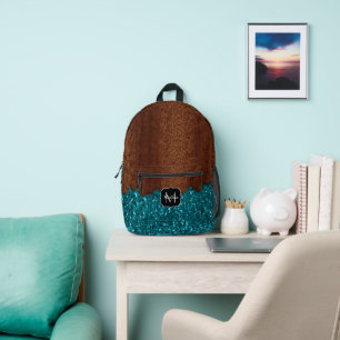 Mochila Impresa Aqua azul brillante madera marrón rústica Monogram