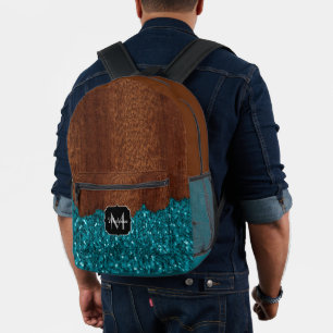 Mochila Impresa Aqua azul brillante madera marrón rústica Monogram