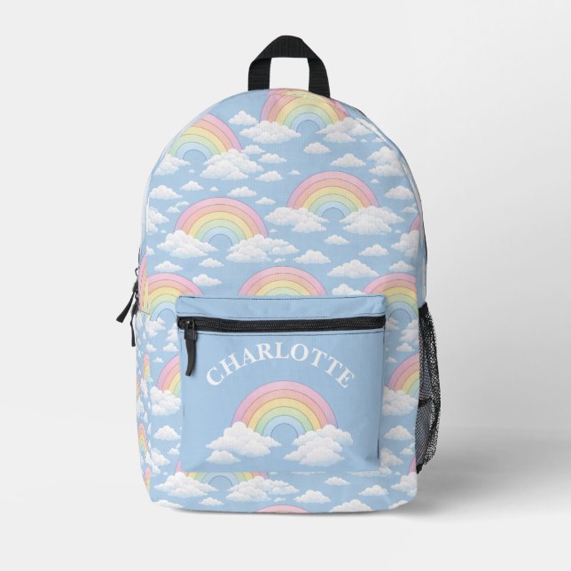 Mochila Impresa Arcoíris y Nubes Con Tu Nombre (Anverso)