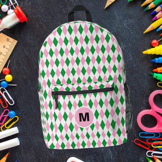 Mochila Impresa Argyle Retro Preppy Rosa y Verde Monograma