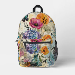 Mochila Impresa Arte de Collage de Medios Mixtos Botánicos Vibrant
