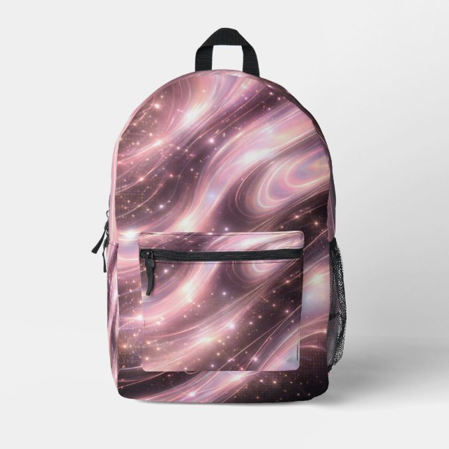 Mochila Impresa Arte de IA de patrones espaciales con rubor negro  (Anverso)