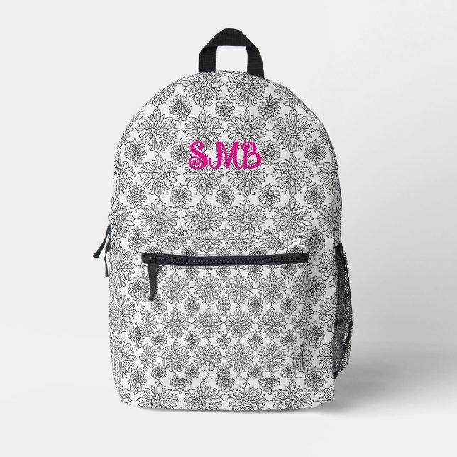 Mochila Impresa Arte de línea floral en blanco y negro (Anverso)