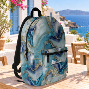 Mochila Impresa Arte de mármol falso azul elegante con brillo