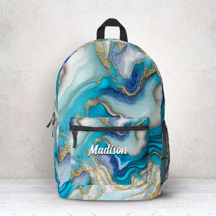 Mochila Impresa Arte de mármol falso azul elegante con brillo