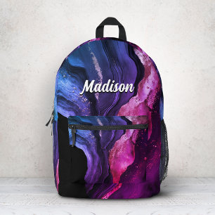 Mochila Impresa Arte de mármol falso rosa púrpura elegante con bri