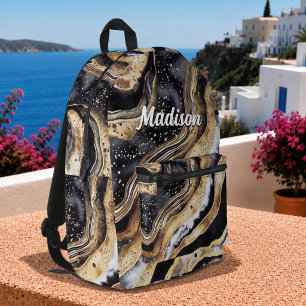 Mochila Impresa Arte de mármol negro dorado chic femenino