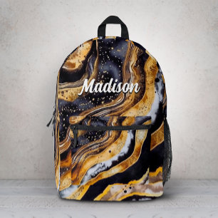 Mochila Impresa Arte de mármol negro dorado chic femenino