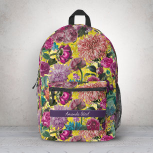 Mochila Impresa Arte de monograma floral amarillo vintage
