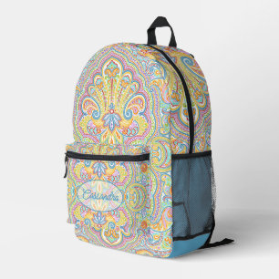 Mochila Impresa Arte de Paisley azul rosa púrpura naranja personal