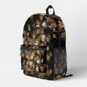 Mochila Impresa Arte Floral de Otoño Vintage Japonés Negro Dorado