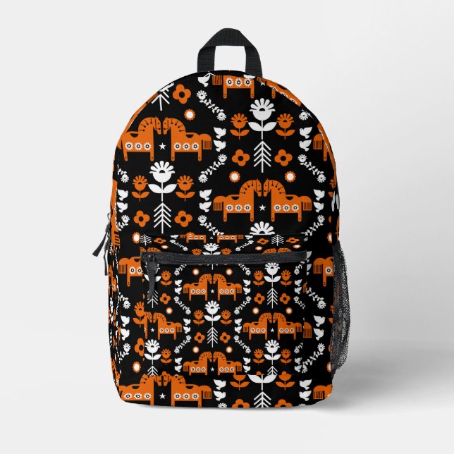 Mochila Impresa Arte popular escandinavo de caballos (Anverso)