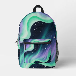 Mochila Impresa Aurora Borealis, patrón verde y púrpura