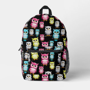 Mochila Impresa Aves de búho coloridas Patrón de fondo negro