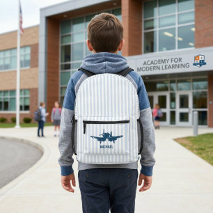 Mochila Impresa Avión Antiguo Rayas Azules y Blancas Personalizado