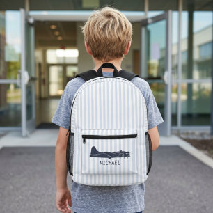 Mochila Impresa Avión Antiguo Rayas Azules y Blancas Personalizado